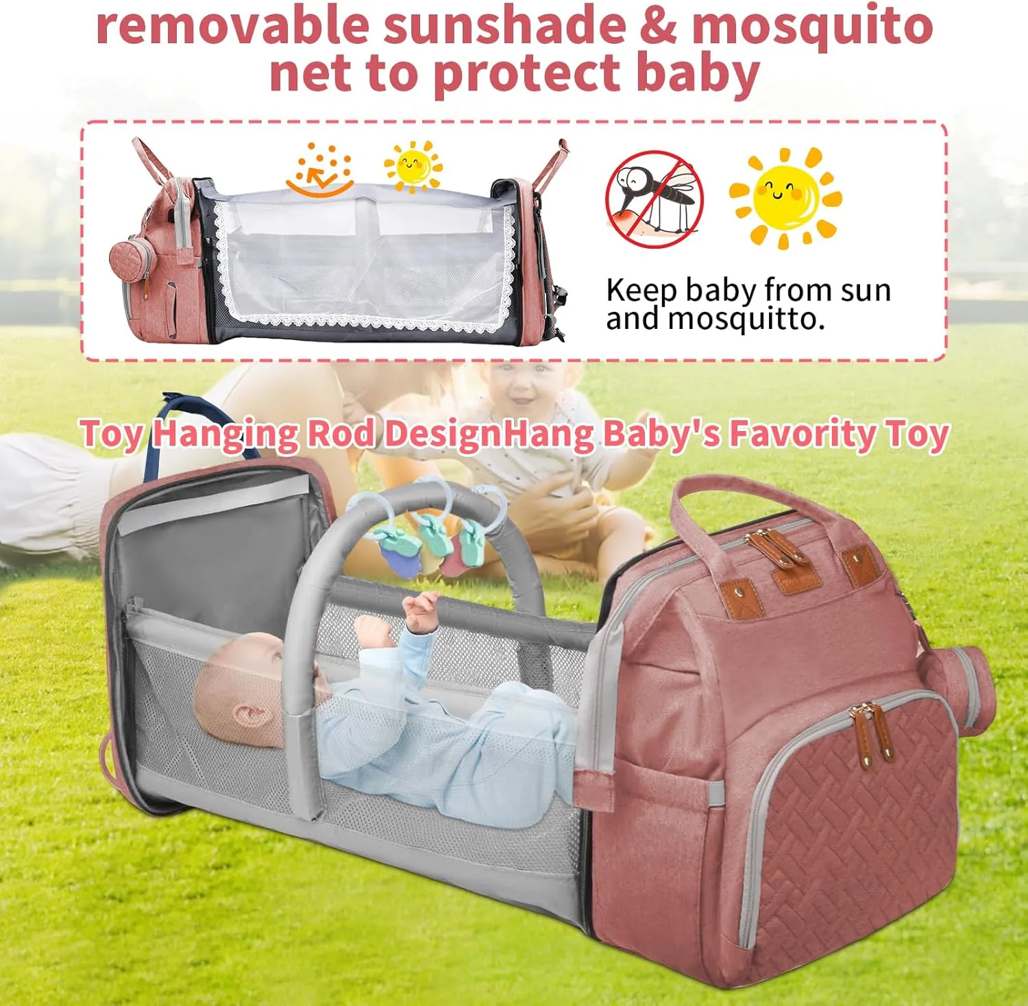 Baby Diaper Bags with Changing Station, Multifunctional Diaper Bag Backpack for Moms Dads with USB Charging Port, Waterproof Travel Diaper, Baby Shower Gifts for Baby Boy & Girls (Pink)