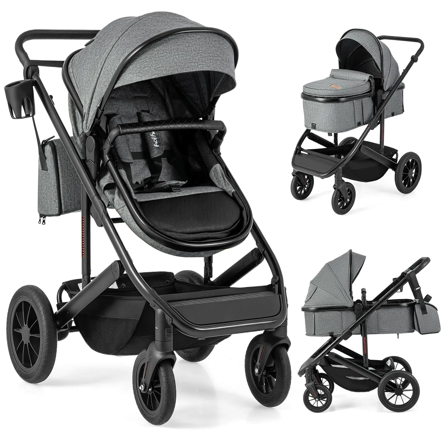 BABY JOY 2 in 1 Convertible Baby Stroller, High Landscape with Bassinet Mode, Reversible Seat, Adjustable Canopy, Cup Holder, Diaper Bag, Foldable Infant Newborn Pram Stroller for 0-36 Months (Gray)