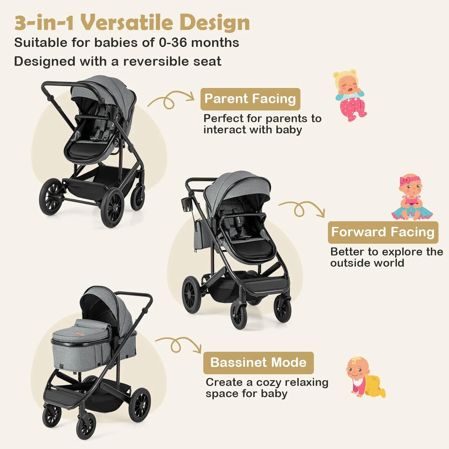 BABY JOY 2 in 1 Convertible Baby Stroller, High Landscape with Bassinet Mode, Reversible Seat, Adjustable Canopy, Cup Holder, Diaper Bag, Foldable Infant Newborn Pram Stroller for 0-36 Months (Gray)