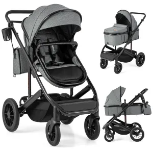 BABY JOY 2 in 1 Convertible Baby Stroller, High Landscape with Bassinet Mode, Reversible Seat, Adjustable Canopy, Cup Holder, Diaper Bag, Foldable Infant Newborn Pram Stroller for 0-36 Months (Gray)