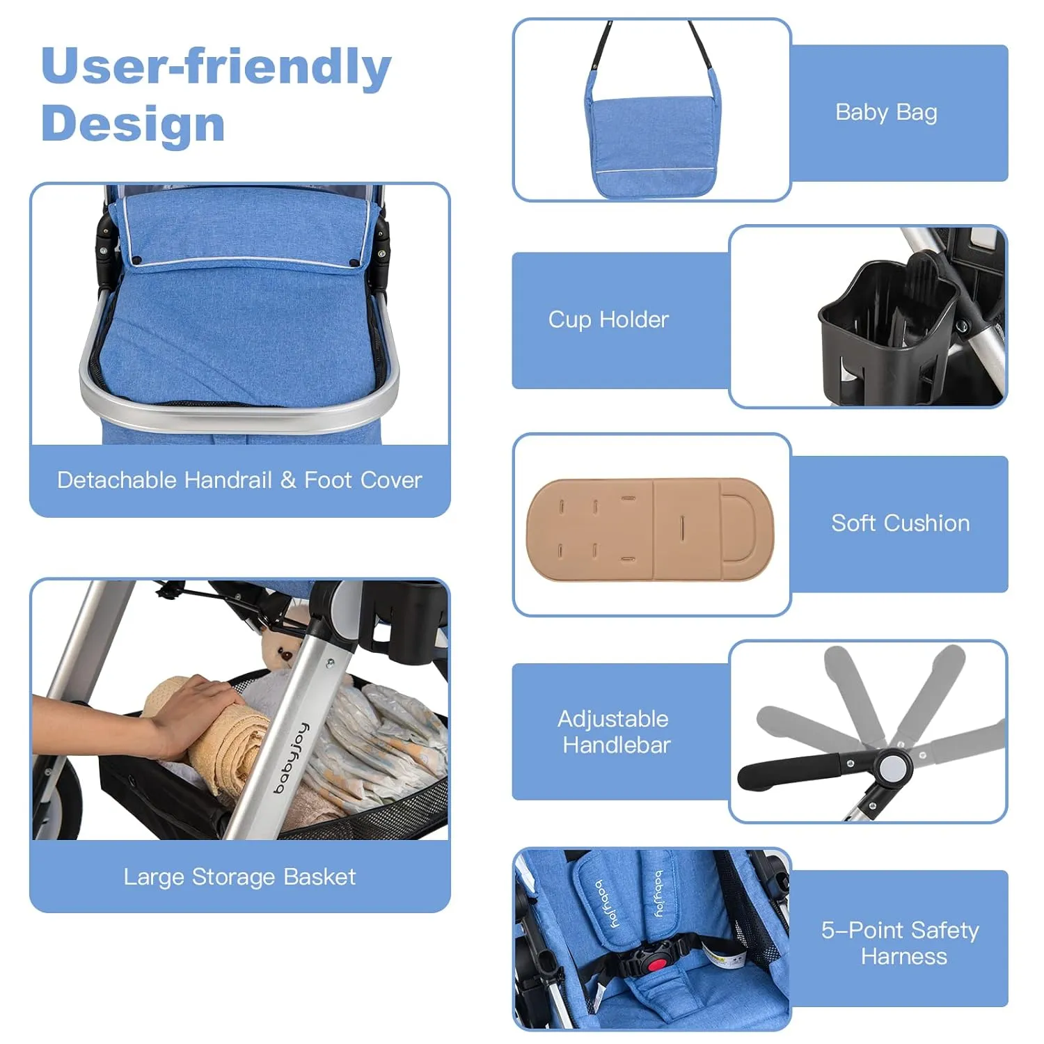 BABY JOY Baby Stroller, 2-in-1 Convertible Bassinet Reclining Stroller, Foldable Pram Carriage with 5-Point Harness, Including Cup Holder, Foot Cover, Diaper Bag, Aluminum Structure, Blue