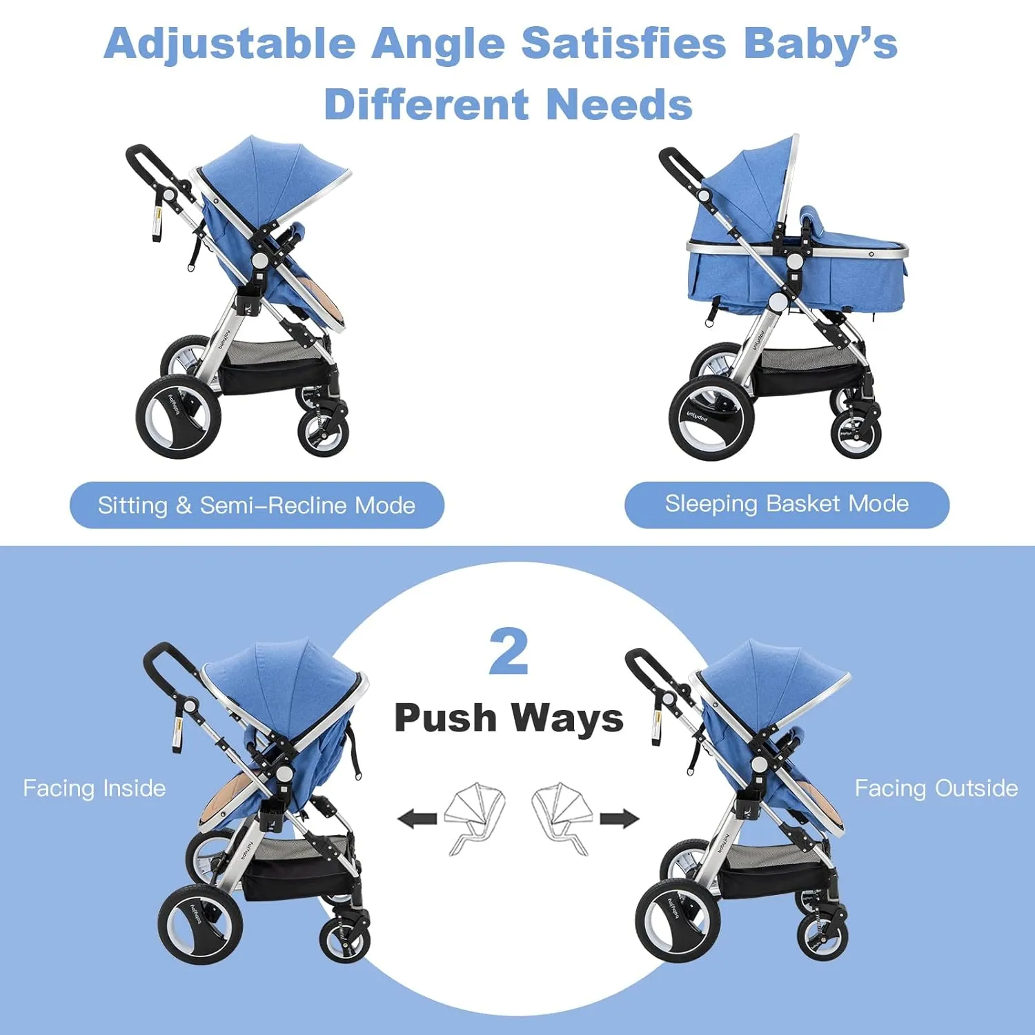 BABY JOY Baby Stroller, 2-in-1 Convertible Bassinet Reclining Stroller, Foldable Pram Carriage with 5-Point Harness, Including Cup Holder, Foot Cover, Diaper Bag, Aluminum Structure, Blue
