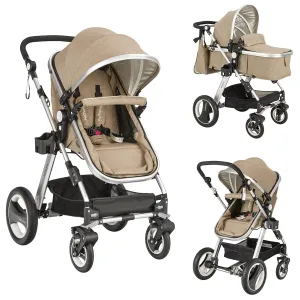 BABY JOY Baby Stroller, 2-in-1 Convertible Bassinet Reclining Stroller, Foldable Pram Carriage with 5-Point Harness, Including Cup Holder, Foot Cover, Diaper Bag, Aluminum Structure, Khaki