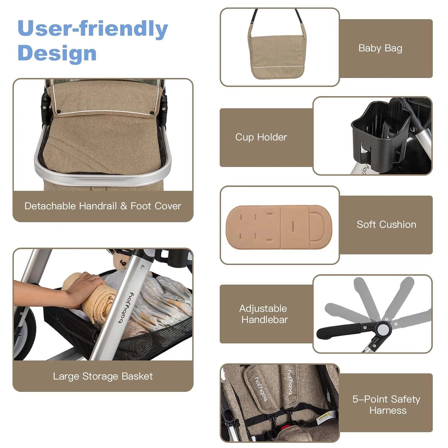 BABY JOY Baby Stroller, 2-in-1 Convertible Bassinet Reclining Stroller, Foldable Pram Carriage with 5-Point Harness, Including Cup Holder, Foot Cover, Diaper Bag, Aluminum Structure, Khaki
