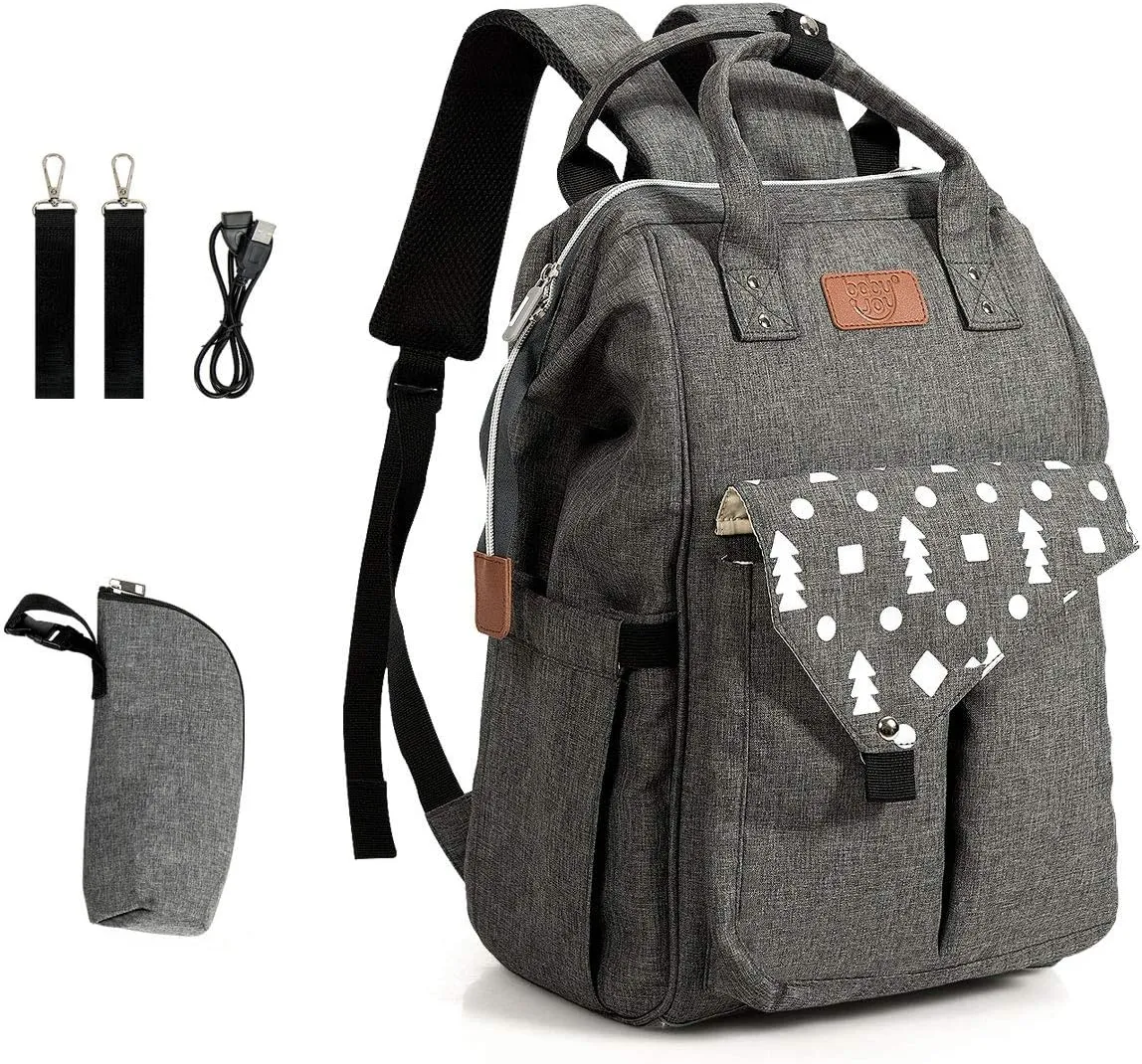 BABY JOY Diaper Bag Backpack, Waterproof Stylish Multifunction Large Capacity Travel Back Pack, Maternity Nappy Bag for Baby Care W/Stroller Straps, Changing Pad, Built-in USB Charging Port, Gray