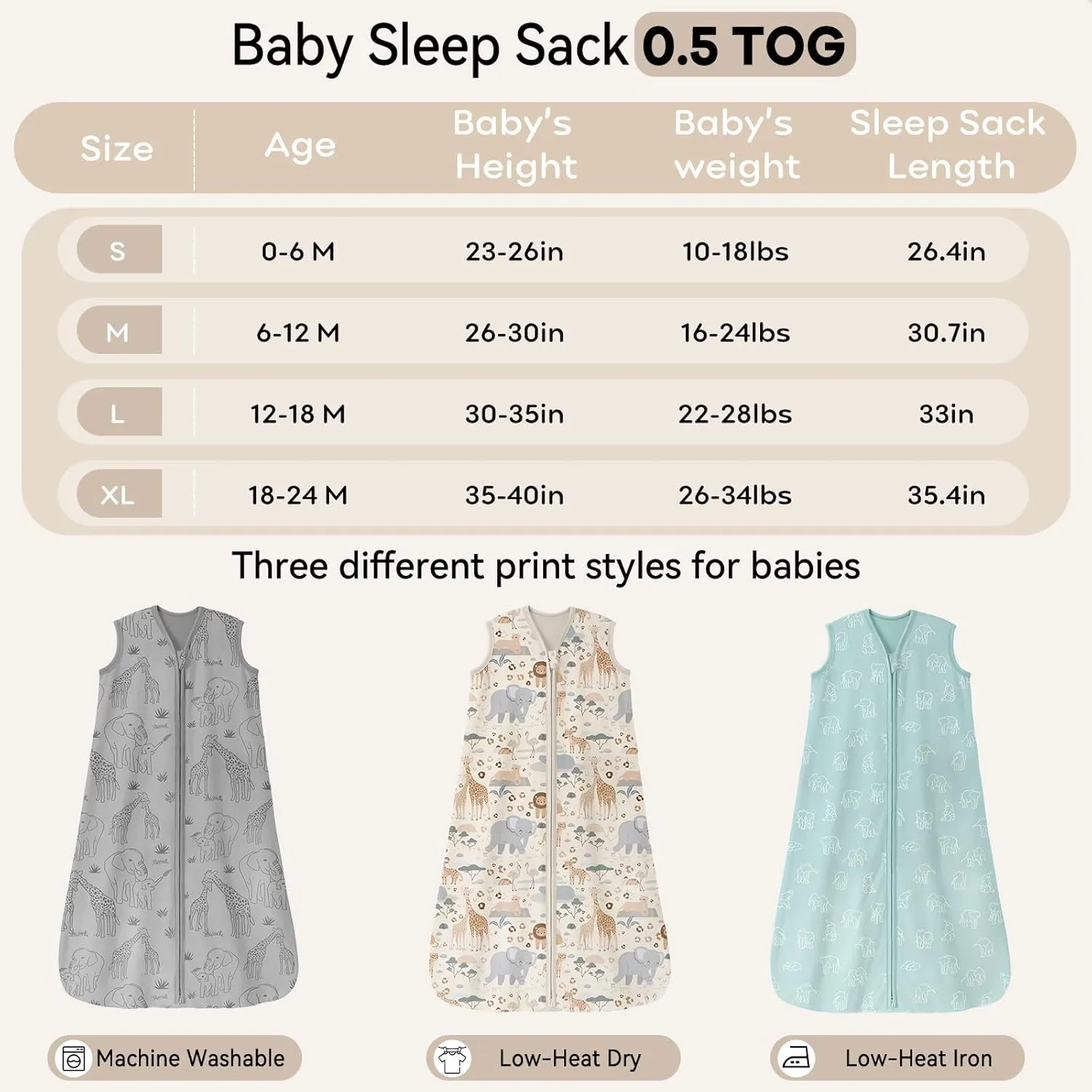Baby Sleep Sack 6-12 Months 0.5 Tog Wearable Blanket Baby, 3 Pack 100% Cotton Lightweight Sleeping Sack with 2-Way Zipper for Newborn Infant Apricot Gray Green Elephant