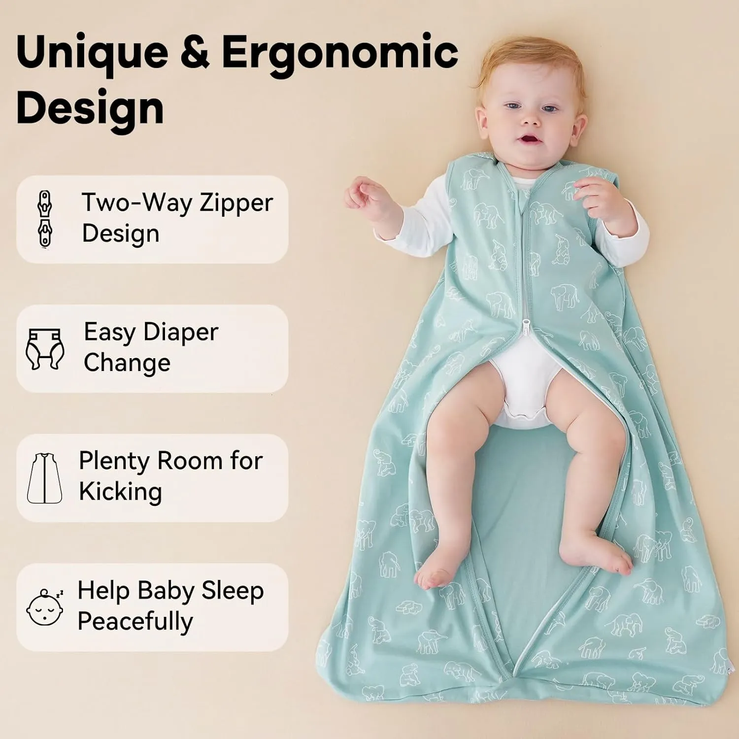 Baby Sleep Sack 6-12 Months 0.5 Tog Wearable Blanket Baby, 3 Pack 100% Cotton Lightweight Sleeping Sack with 2-Way Zipper for Newborn Infant Apricot Gray Green Elephant