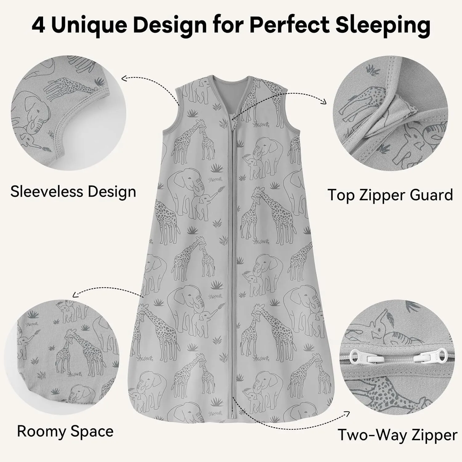 Baby Sleep Sack 6-12 Months 0.5 Tog Wearable Blanket Baby, 3 Pack 100% Cotton Lightweight Sleeping Sack with 2-Way Zipper for Newborn Infant Apricot Gray Green Elephant