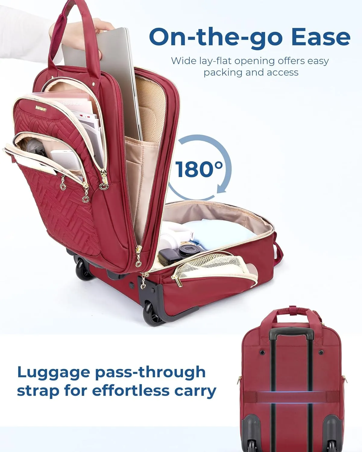 BAGSMART Carry On Luggage Underseat Suitcase with Wheels, 16-inch Luggage Airline approved Underseater Softside Travel Suitcase Lightweight Overnight Rolling Carry-on Luggage for Women Men, Red