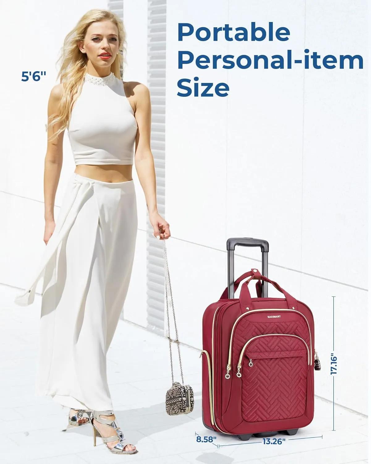 BAGSMART Carry On Luggage Underseat Suitcase with Wheels, 16-inch Luggage Airline approved Underseater Softside Travel Suitcase Lightweight Overnight Rolling Carry-on Luggage for Women Men, Red