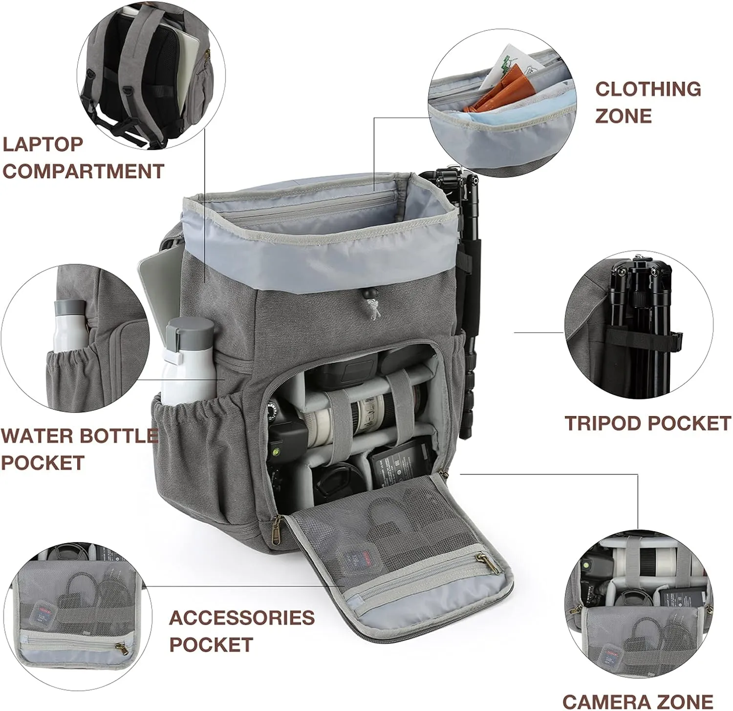BAGSMART DSLR Waterproof Camera Backpack, Anti-Theft Large Photography Bags for Photographers, Fit up to 15" Laptop with Rain Cover, Grey