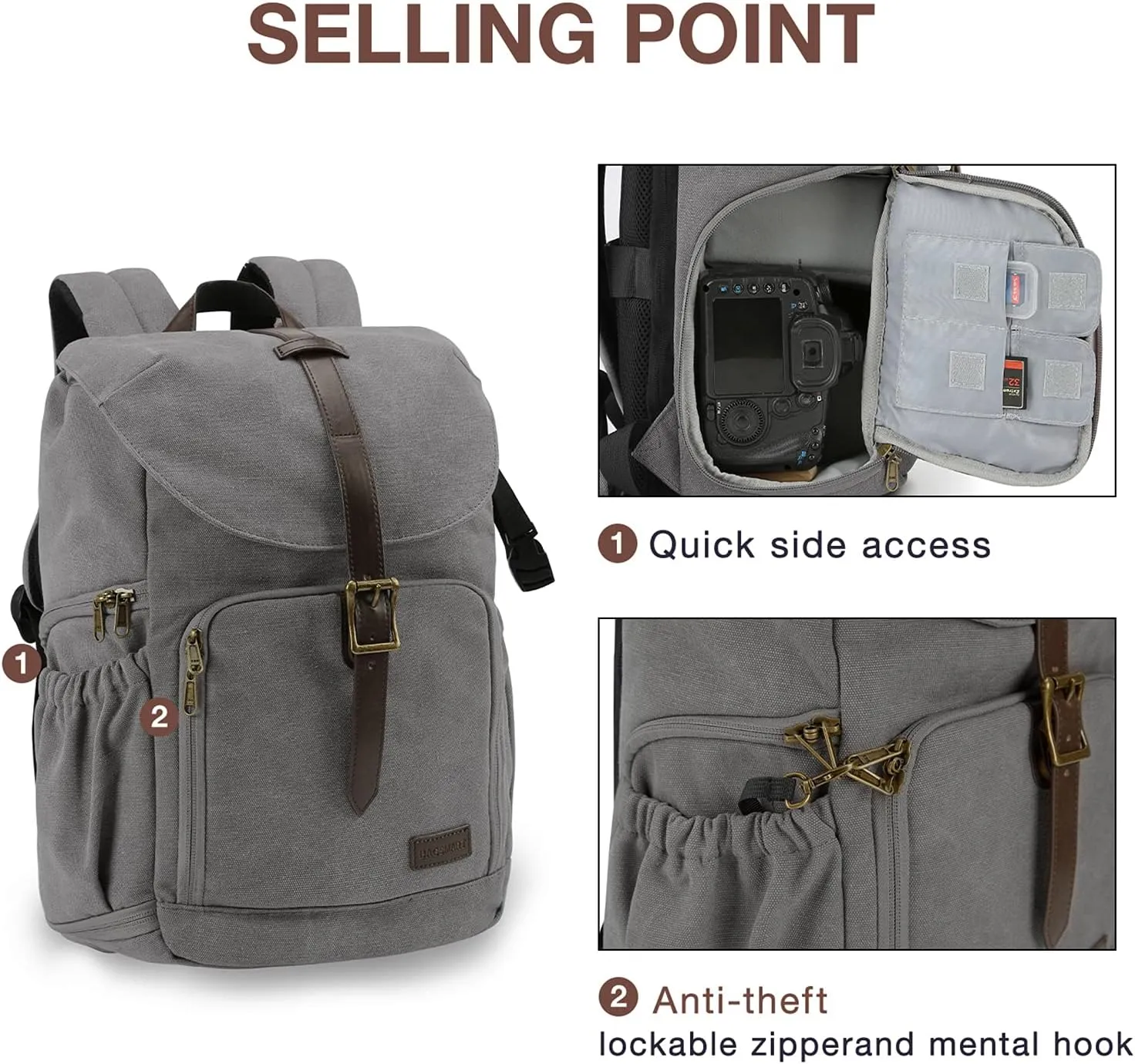 BAGSMART DSLR Waterproof Camera Backpack, Anti-Theft Large Photography Bags for Photographers, Fit up to 15" Laptop with Rain Cover, Grey