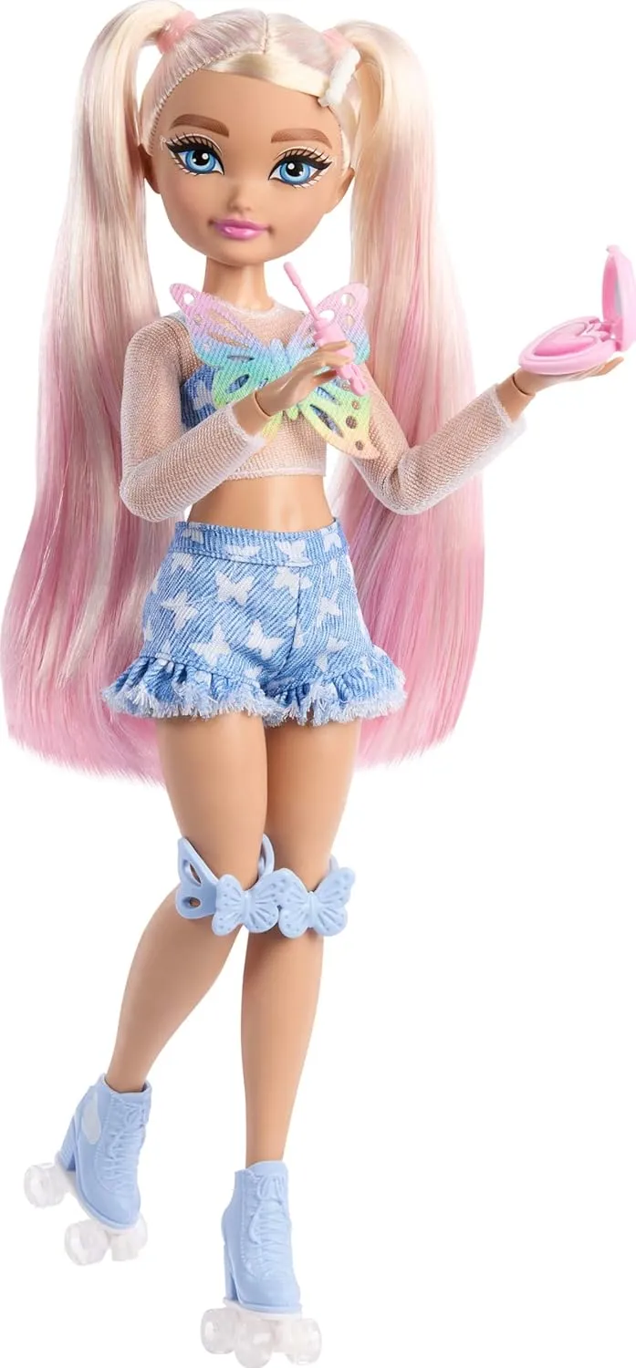 Barbie Dream Besties Doll and Accessories, Barbie "Malibu” Posable Roller Skating Fashion Doll with Blonde Hair, 9 Makeup Themed Pieces
