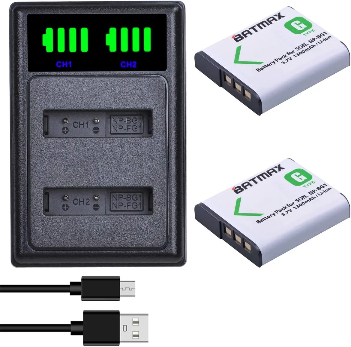 Batmax 2pcs NP-BG1 Battery   LED USB Dual Charger with Type C Port for Sony NP-BG1 SONY DSC-H3 DSC-H7 DSC-H9 DSC-H10 DSC-H20 DSC-H50 DSC-H55 DSC-H70 DSC-HX30V, DSC-W290, DSC-WX1, DSC-HX10V Cameras