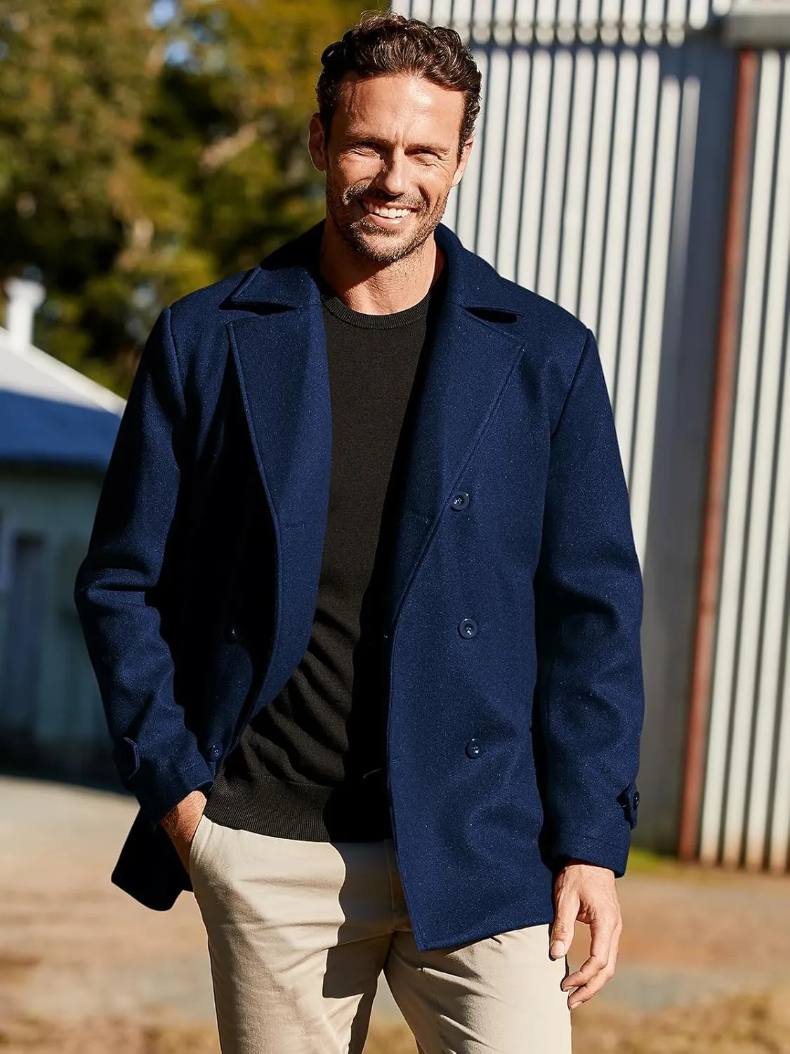 Bbalizko Mens Classic Pea Coat Notched Collar Double Breasted Slim Fit Winter Warm Heavyweight Trench Coats