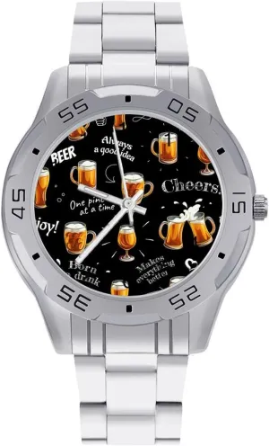 Beer Glasses Cups Classic Wrist Watches for Men Casual Business Dress Watch with Stainless Steel Band Work Party