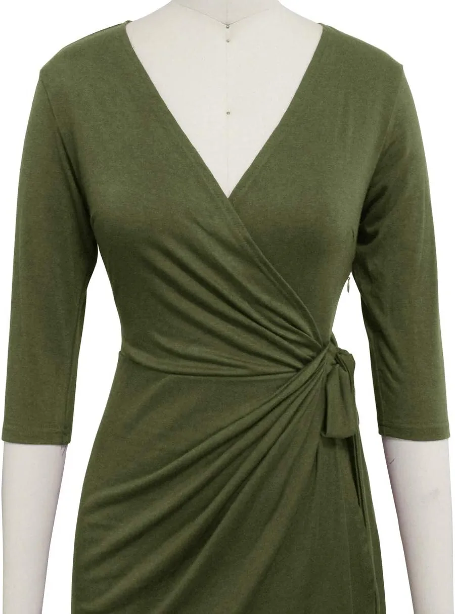 Berydress Women's Classic 3/4 Sleeve V Neck Sheath Casual Party Work Faux Black Wrap Dress