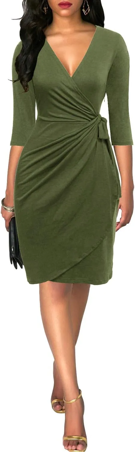 Berydress Women's Classic 3/4 Sleeve V Neck Sheath Casual Party Work Faux Black Wrap Dress
