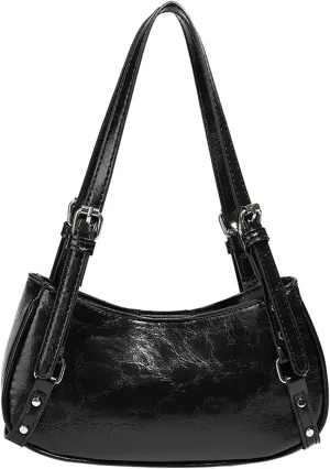 Black Y2K Hobo Handbag for Women Adjustable Strap PU Leather Hobo Shoulder Bags Underarm Purse
