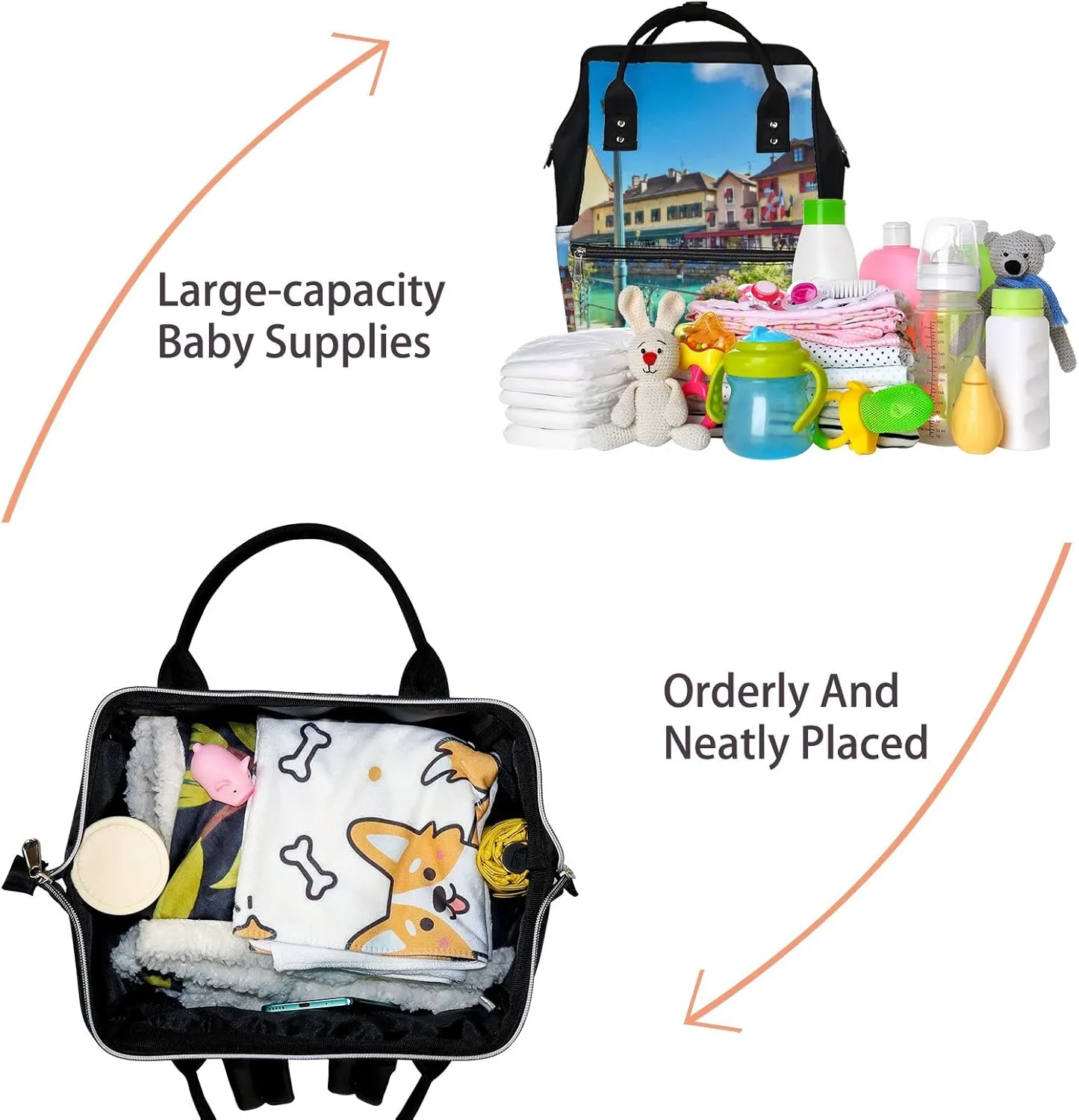Blue Cityscape Scenic Old Buildings Annecy French Diaper Bag Backpack, waterproof backpack Baby Nappy Changing Bags Laptop Backpack for Travel, Large Capacity, Durable and Stylish for Woman and Men.