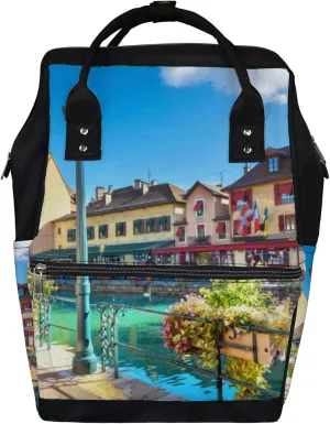 Blue Cityscape Scenic Old Buildings Annecy French Diaper Bag Backpack, waterproof backpack Baby Nappy Changing Bags Laptop Backpack for Travel, Large Capacity, Durable and Stylish for Woman and Men.