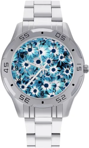 Blue Daisy Floral Classic Wrist Watches for Men Casual Business Dress Watch with Stainless Steel Band Work Party