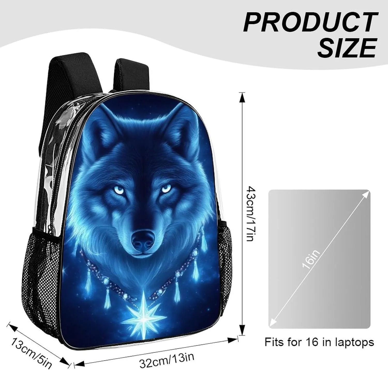 Blue Space Magic Wolf Art Backpack Transparent Multipurpose Anti-Theft Shoulder Bag Big Capacity Gym Outdoor Hiking Backpack With Padded Straps