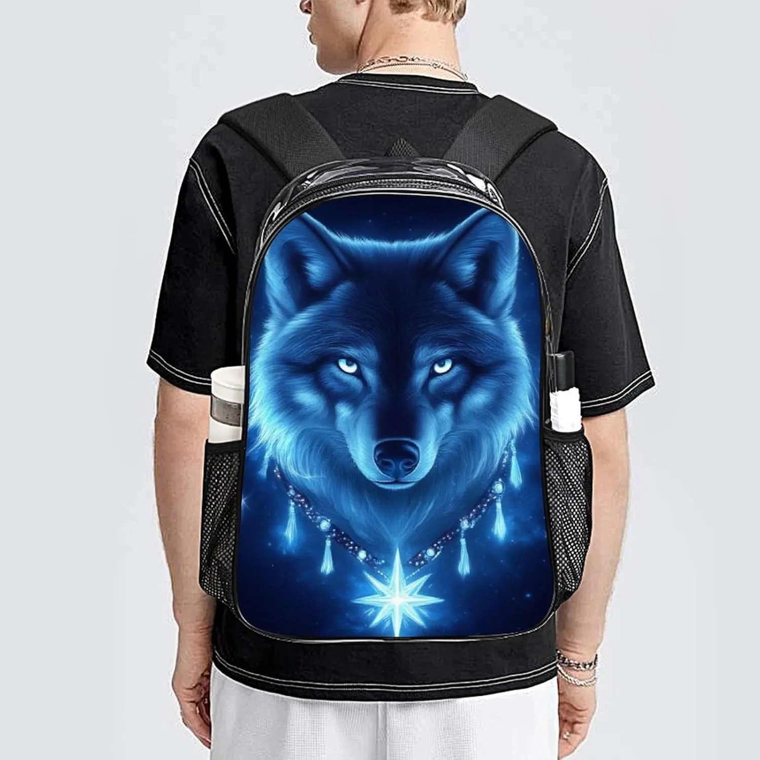 Blue Space Magic Wolf Art Backpack Transparent Multipurpose Anti-Theft Shoulder Bag Big Capacity Gym Outdoor Hiking Backpack With Padded Straps