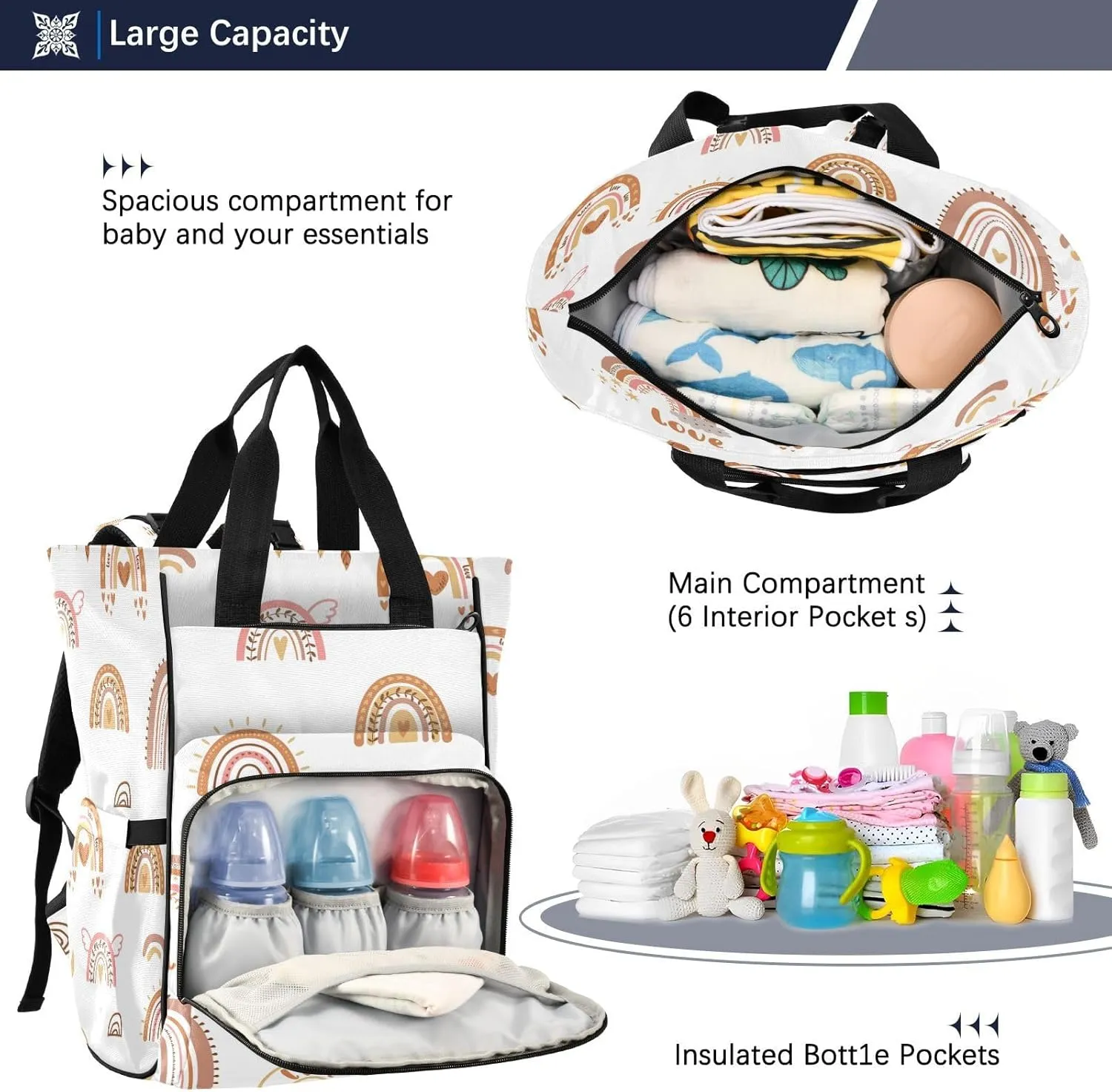 Boho Rainbow Diaper Bag Backpack, Mommy Bag, Multifunctional Diaper Bag, Travel Backpack, Large Capacity Diaper Bag
