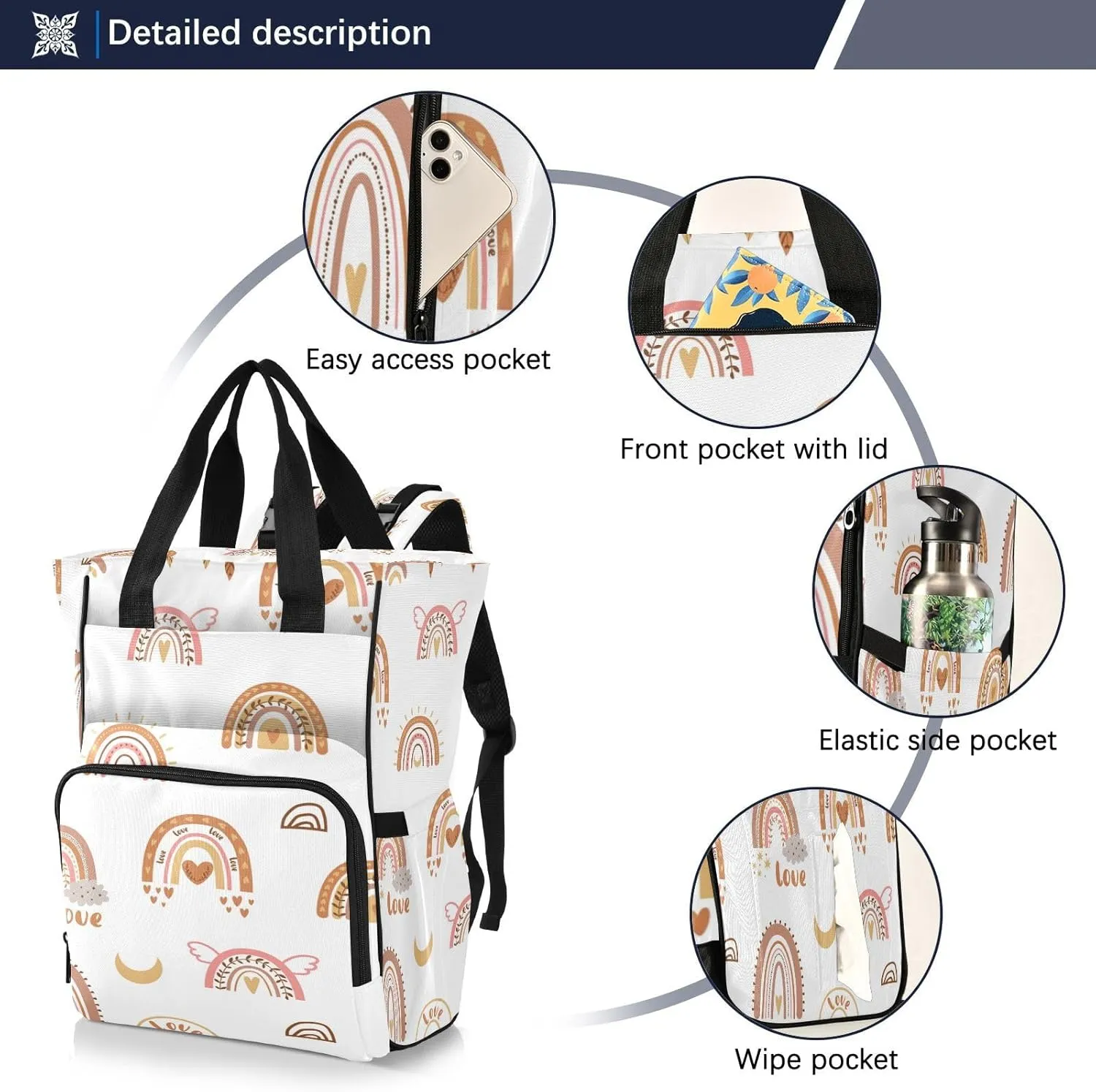 Boho Rainbow Diaper Bag Backpack, Mommy Bag, Multifunctional Diaper Bag, Travel Backpack, Large Capacity Diaper Bag
