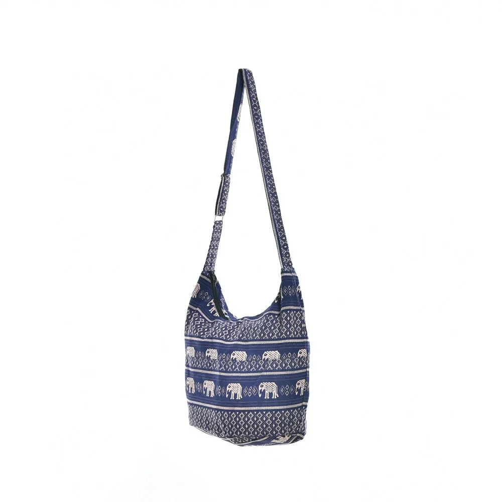 Bohotusk Blue Elephant Cotton Sling Shoulder Bag Adjustable Strap with Zip Closure