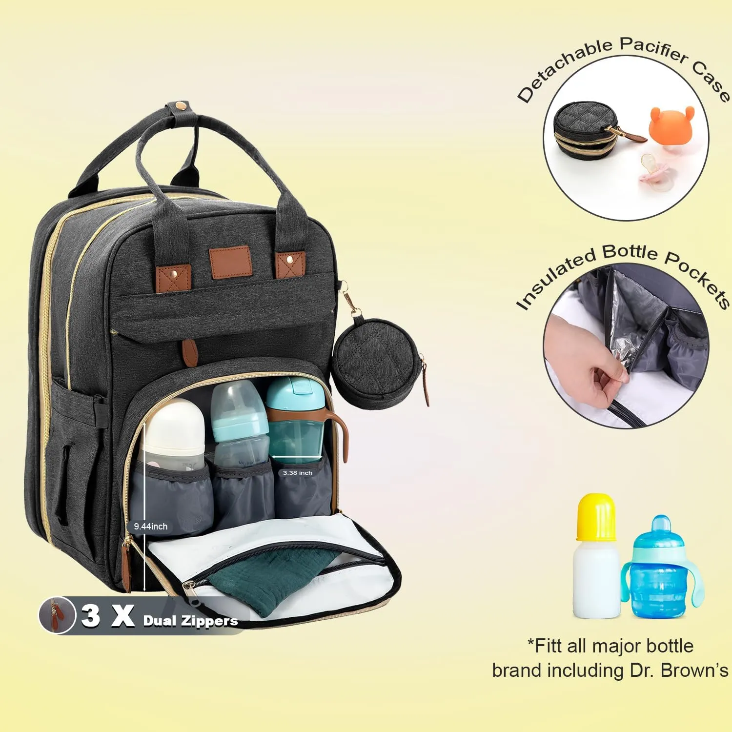 BosiBozi Baby Diaper Bag Backpack with Changing Station, Waterproof & Multi-Functional Baby Bag for Moms Dads, Travel Diaper Bag with Insulated Pockets, Stroller Straps & Pacifier Case, Black