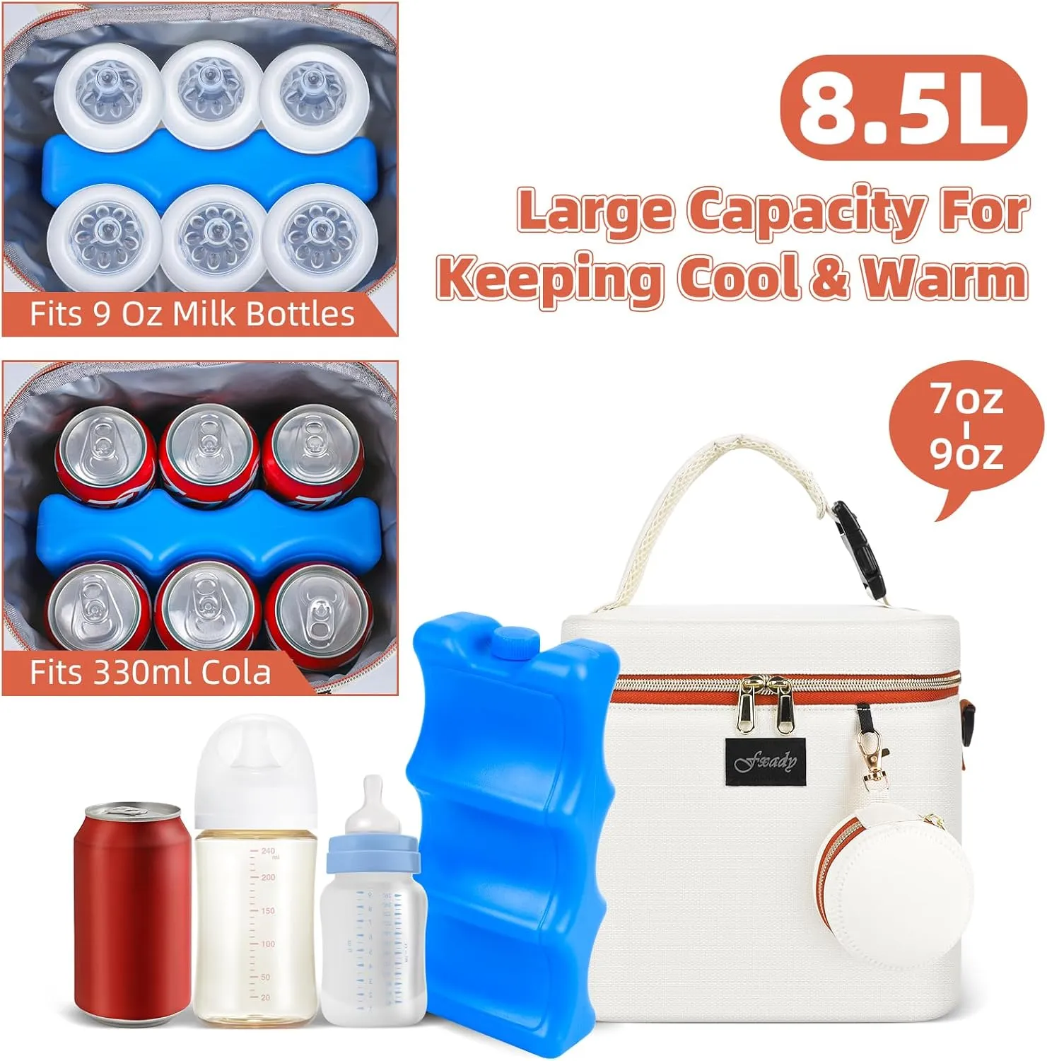 Breastmilk Cooler Bag with Ice Pack, Insulated Baby Bottle Tote Bag for 6 Bottles Up to 9 oz, Clip-On Pouch for Baby Essentials, Leakproof, Waterproof, Shoulder Strap for Nursing Moms