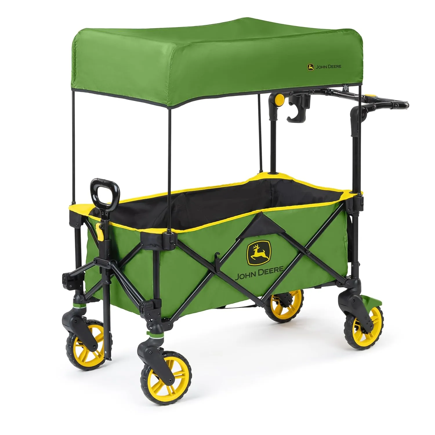Bright Starts John Deere Pop 'N Ride Stroller Wagon, Foldable with Sun Shade 50  SPF Protection, Seats 2 Kids at Once, Green & Yellow Unisex