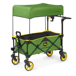 Bright Starts John Deere Pop 'N Ride Stroller Wagon, Foldable with Sun Shade 50  SPF Protection, Seats 2 Kids at Once, Green & Yellow Unisex