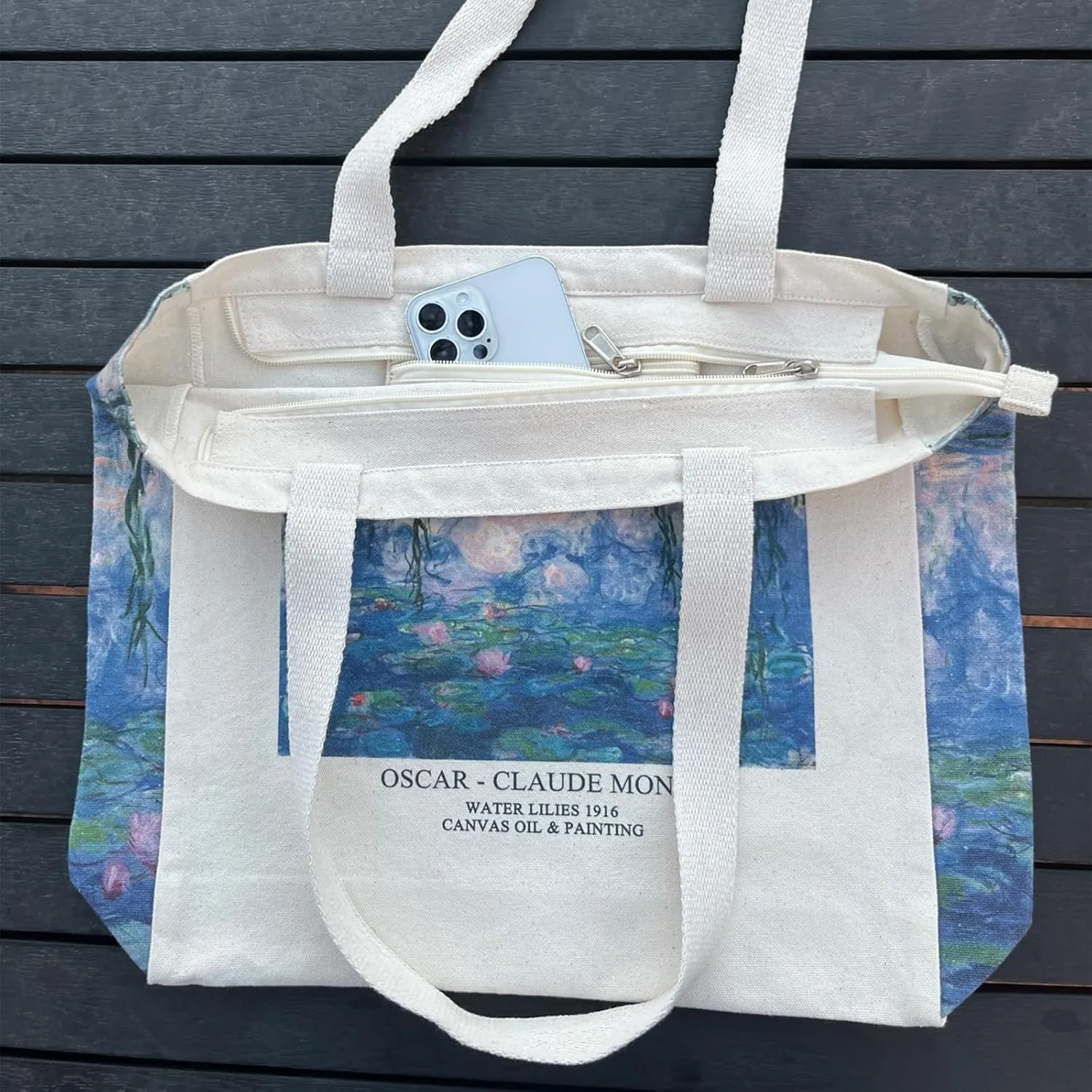 BROADREAM Canvas Tote Bag Aesthetic Shoulder Bag with Zippers and Interior Pocket