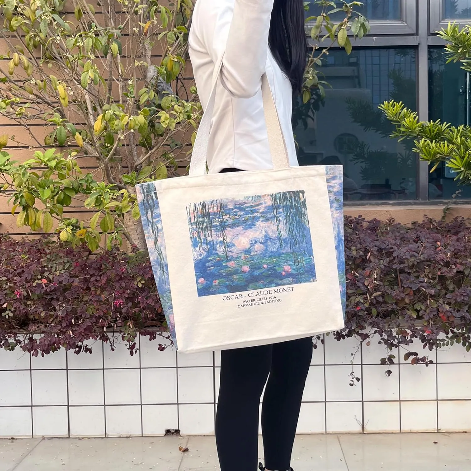 BROADREAM Canvas Tote Bag Aesthetic Shoulder Bag with Zippers and Interior Pocket