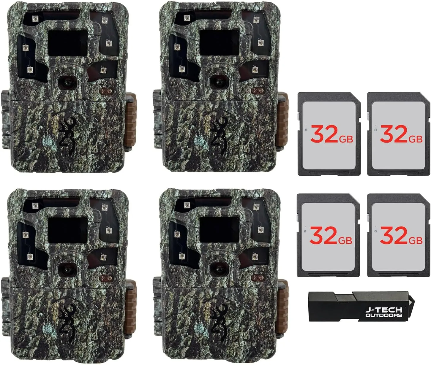 Browning Strike Force Pro X 1080 Trail Game Camera Bundle Includes 32GB Memory Cards and J-TECH Card Reader (24MP) 4 Pack | BTC5PX1080