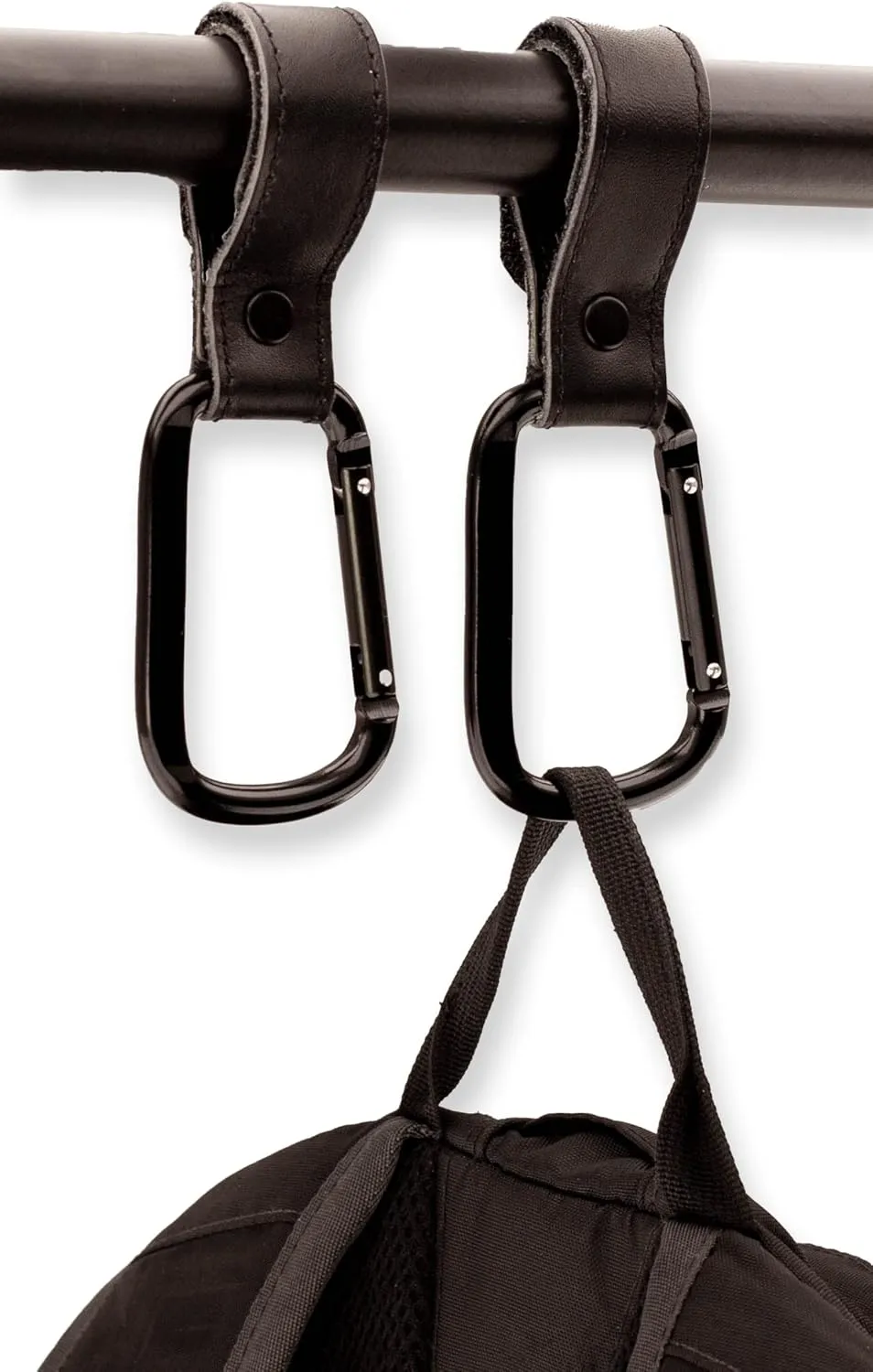 Brute Strength - Leather Stroller Hooks - Black 6X - Full Grain Leather - Mommy Hook - Stroller Clip - Bag Hook - Straps with Hooks - Carabiner Hook Clips