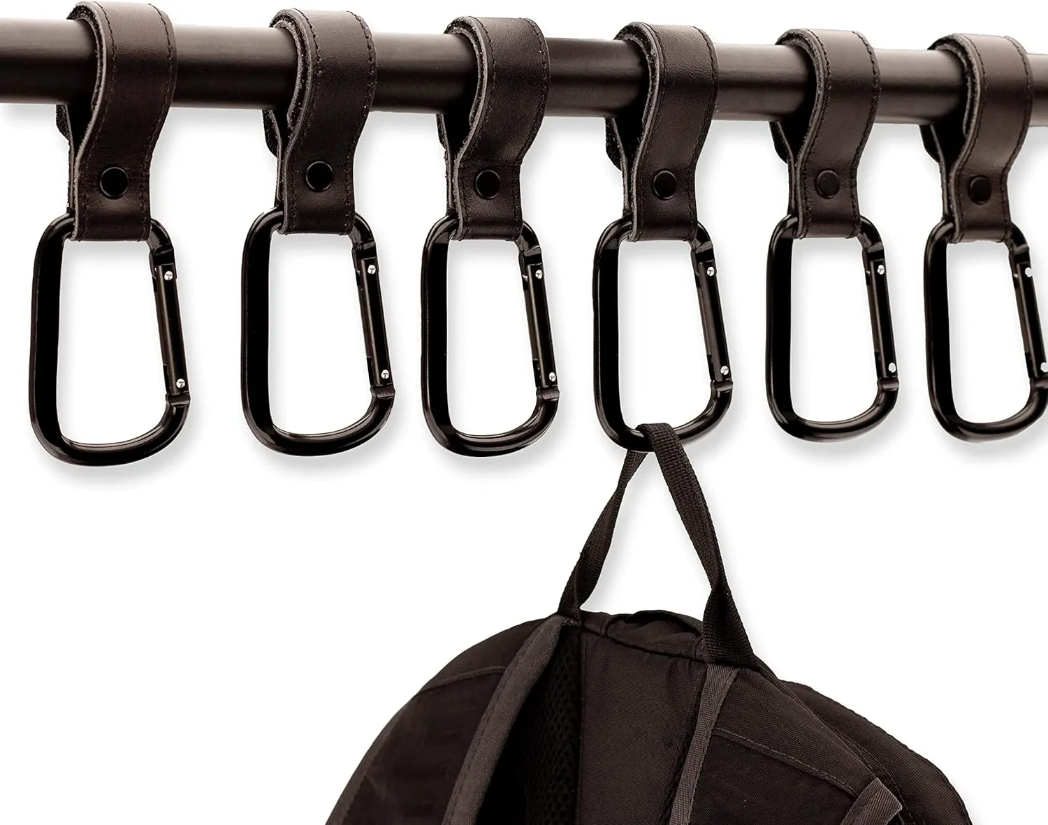 Brute Strength - Leather Stroller Hooks - Black 6X - Full Grain Leather - Mommy Hook - Stroller Clip - Bag Hook - Straps with Hooks - Carabiner Hook Clips