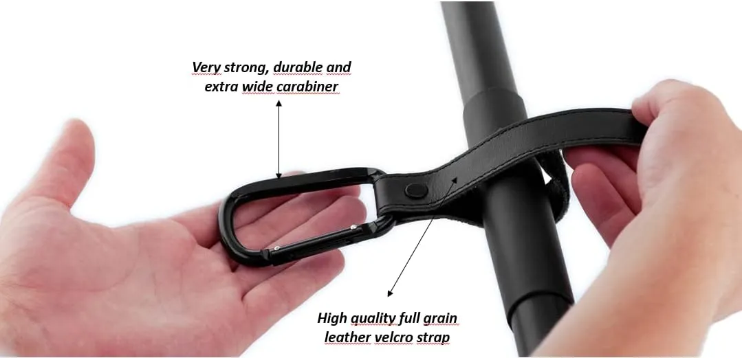 Brute Strength - Leather Stroller Hooks - Black 6X - Full Grain Leather - Mommy Hook - Stroller Clip - Bag Hook - Straps with Hooks - Carabiner Hook Clips