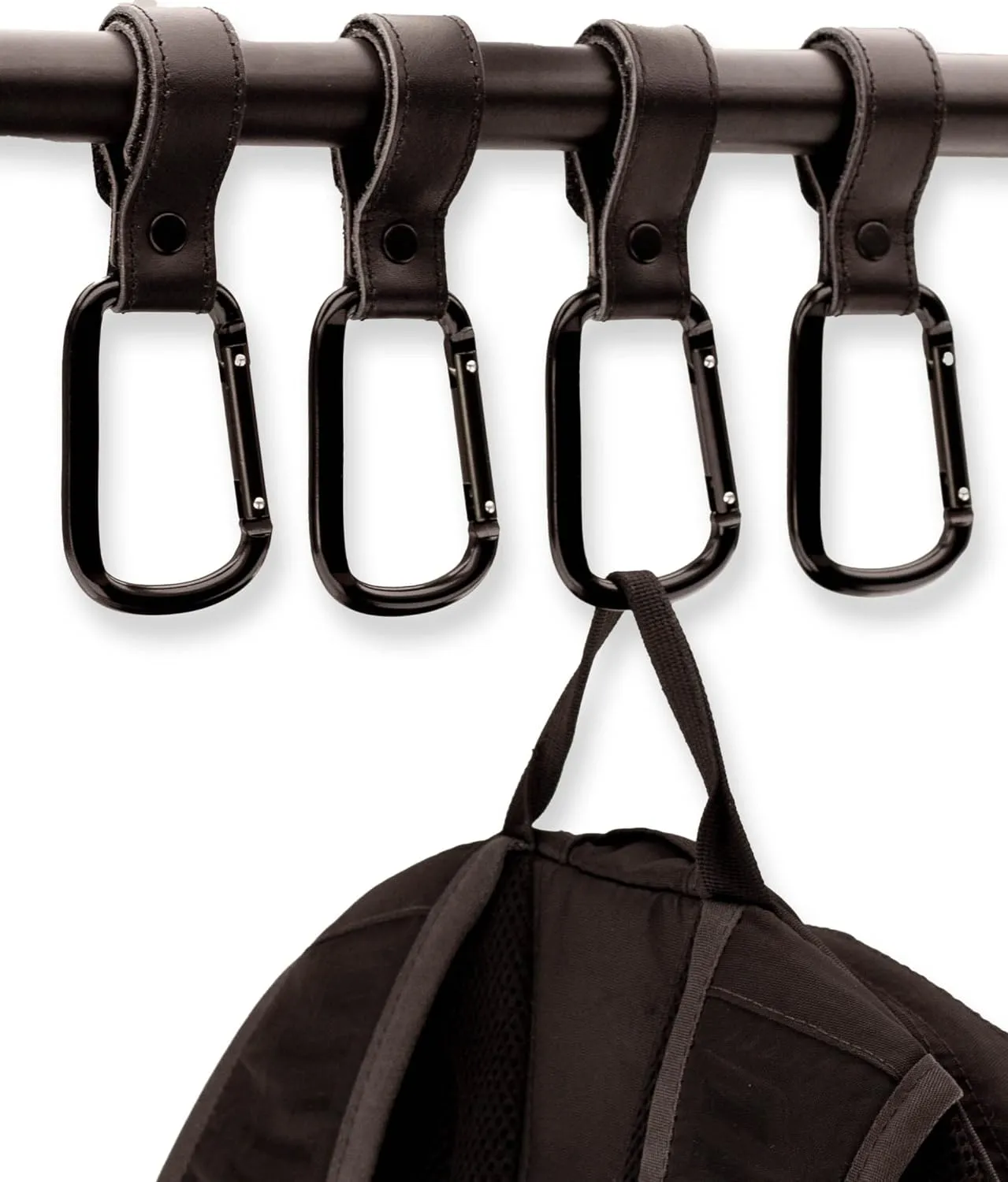 Brute Strength - Leather Stroller Hooks - Black 6X - Full Grain Leather - Mommy Hook - Stroller Clip - Bag Hook - Straps with Hooks - Carabiner Hook Clips