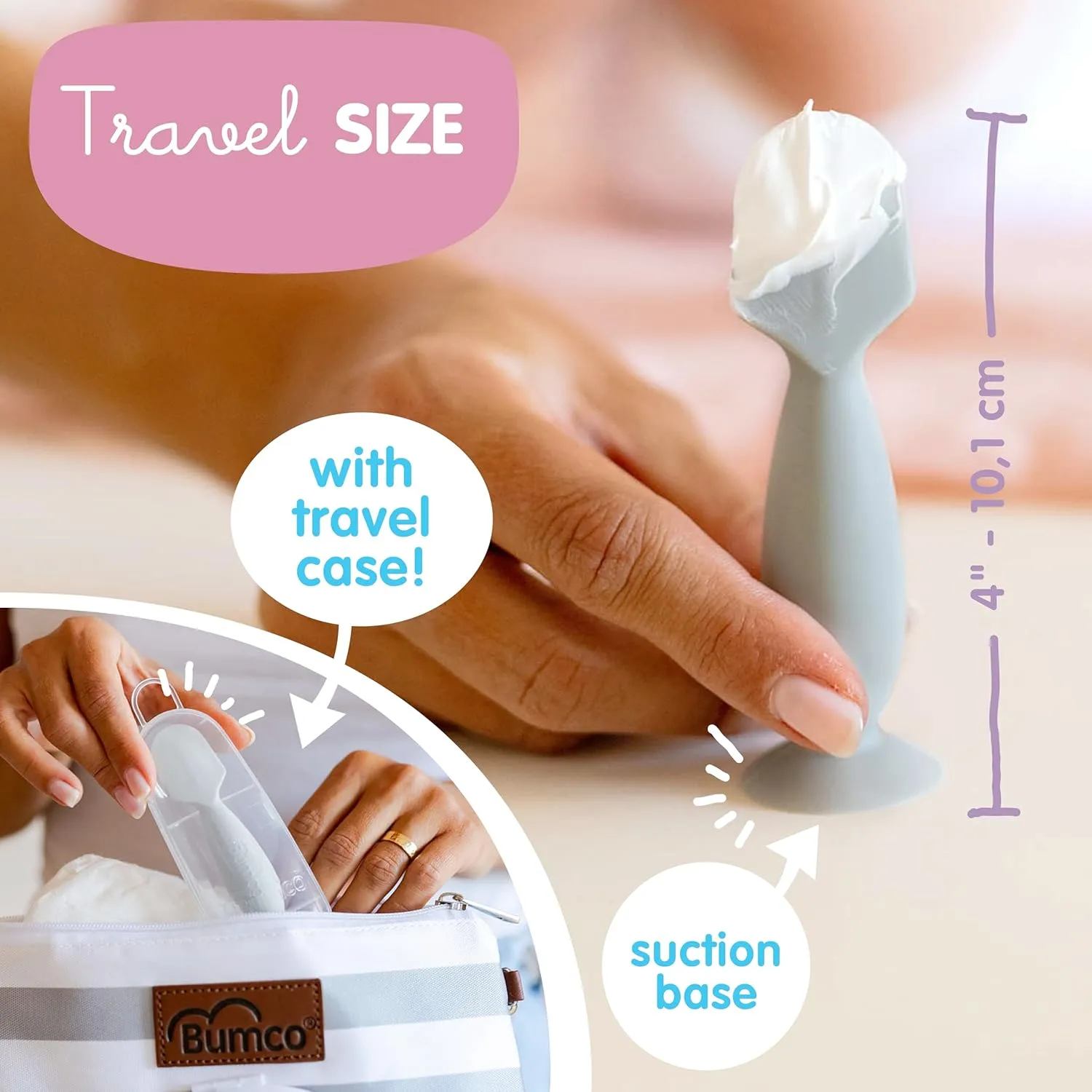 Bumco Diaper Clutch Bag and Mini Cream Spatula - Baby Travel Essentials, Small Bag with Wipes Dispenser, BPA-Free Butt Spatula, Mini Cream Applicator with Case