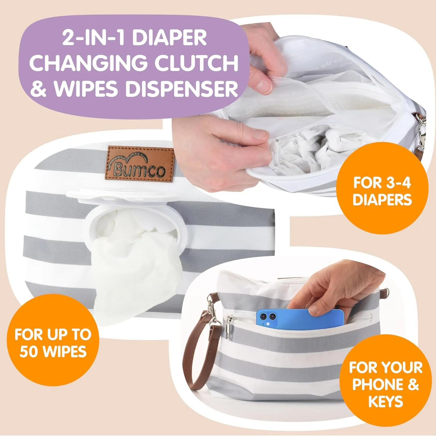 Bumco Diaper Clutch Bag and Mini Cream Spatula - Baby Travel Essentials, Small Bag with Wipes Dispenser, BPA-Free Butt Spatula, Mini Cream Applicator with Case