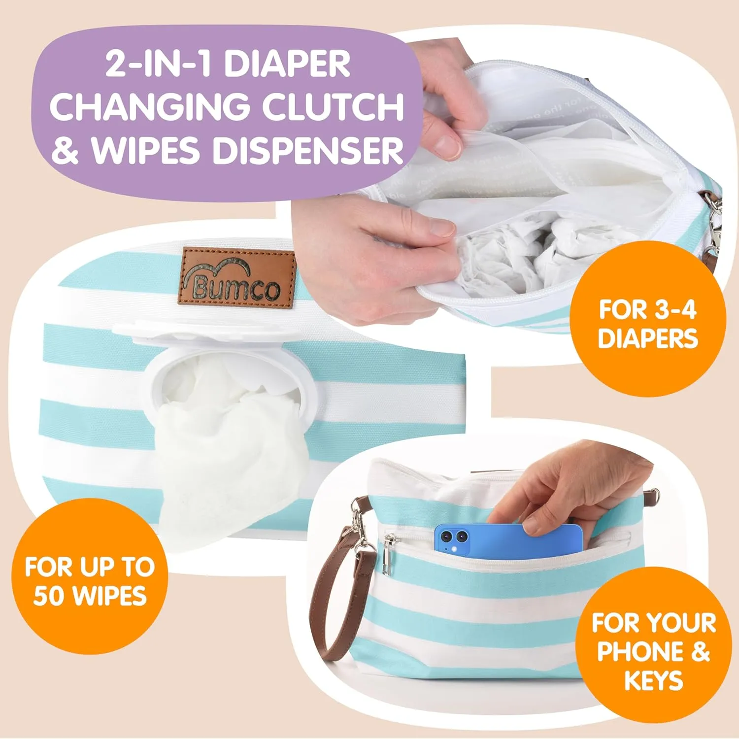 Bumco Diaper Clutch Bag and Mini Cream Spatula - Baby Travel Essentials, Small Bag with Wipes Dispenser, BPA-Free Butt Spatula, Mini Cream Applicator with Case