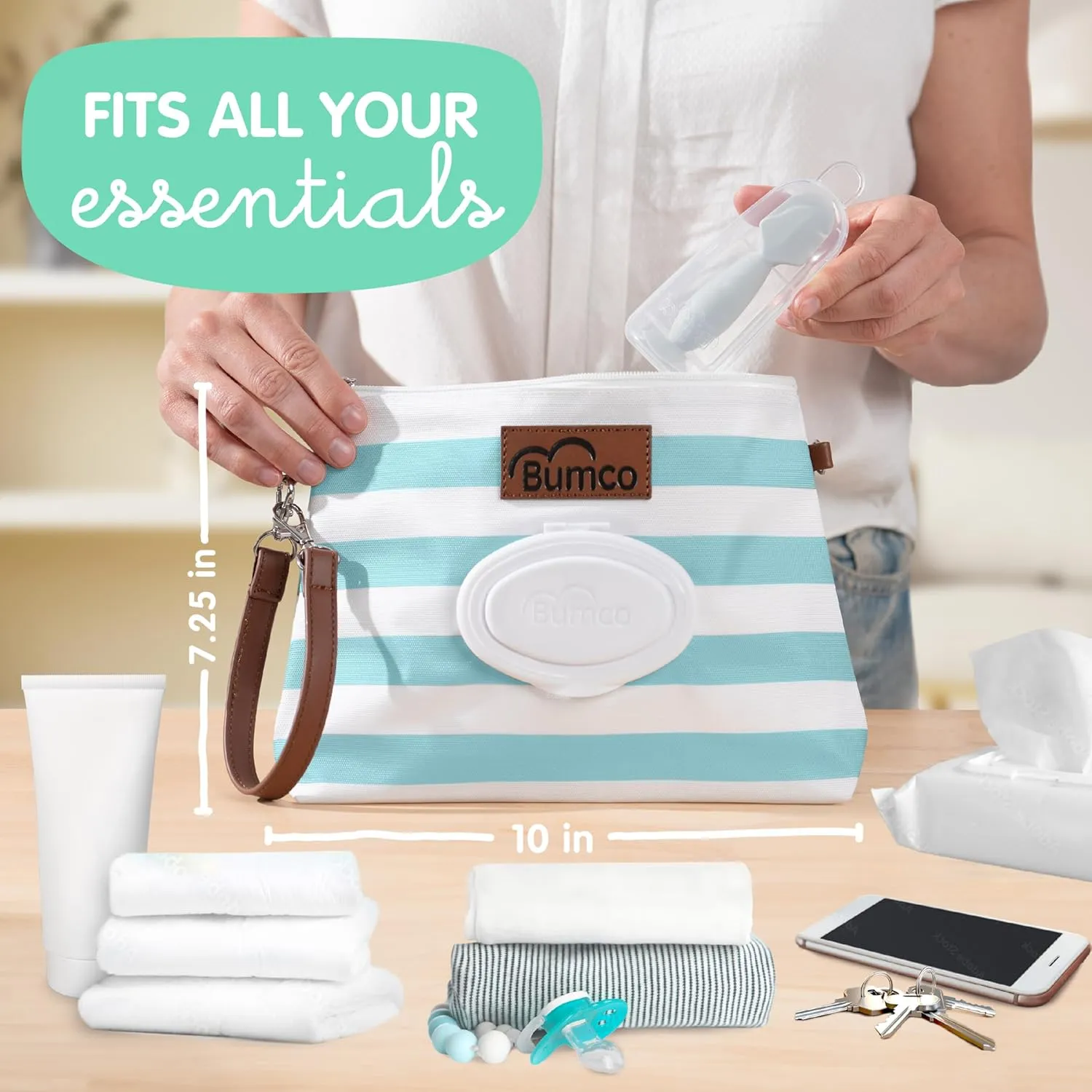 Bumco Diaper Clutch Bag and Mini Cream Spatula - Baby Travel Essentials, Small Bag with Wipes Dispenser, BPA-Free Butt Spatula, Mini Cream Applicator with Case