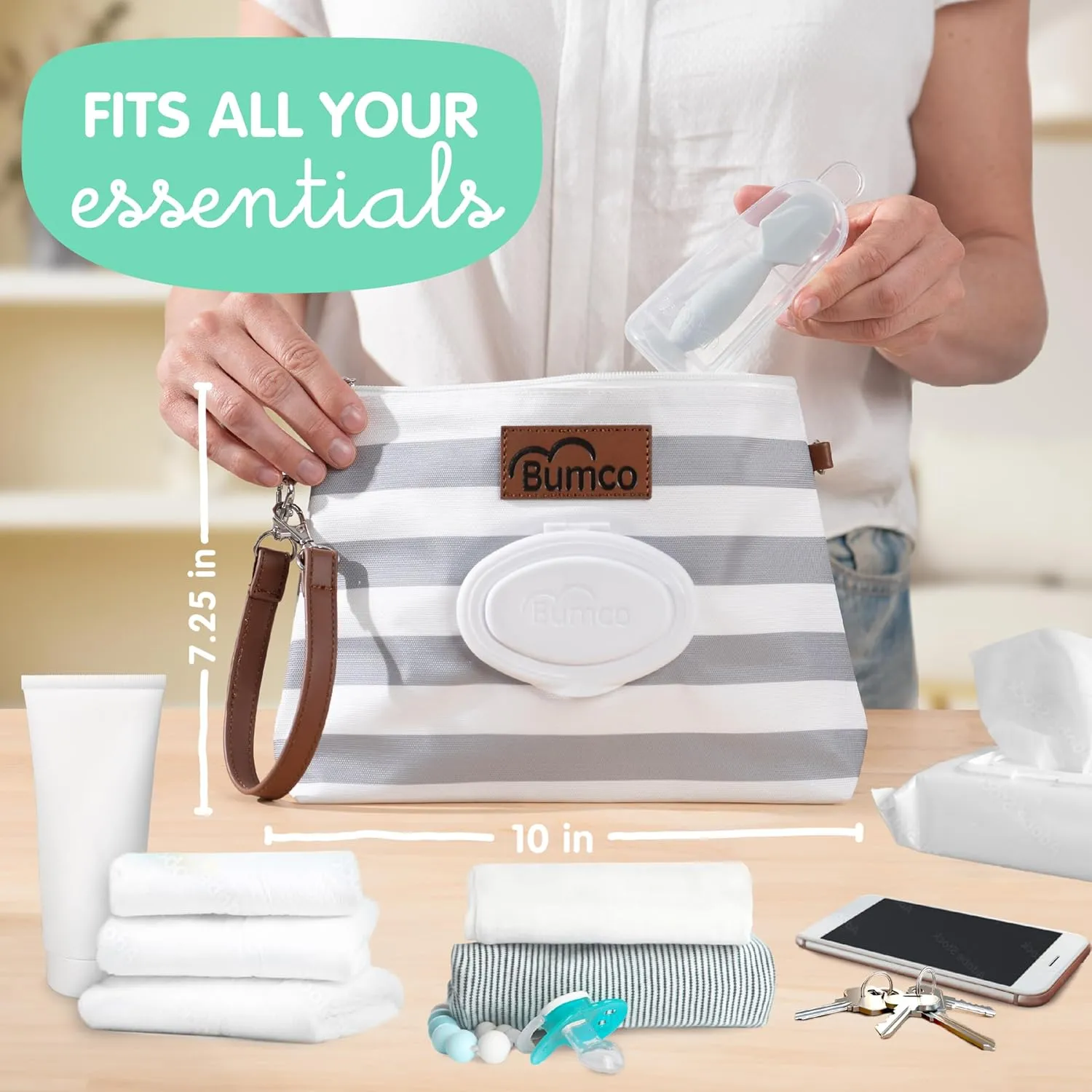 Bumco Diaper Clutch Bag and Mini Cream Spatula - Baby Travel Essentials, Small Bag with Wipes Dispenser, BPA-Free Butt Spatula, Mini Cream Applicator with Case
