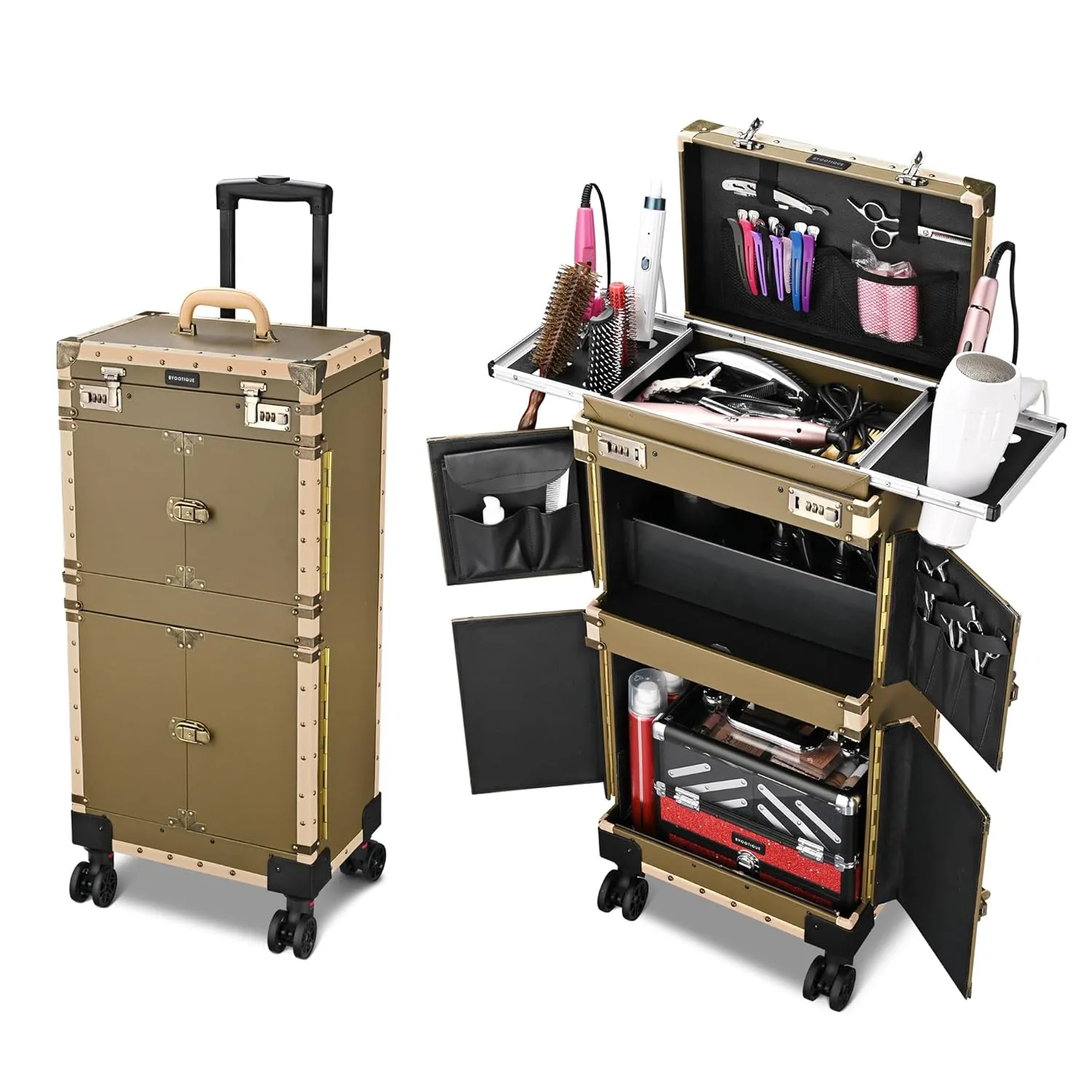 BYOOTIQUE Rolling Makeup Train Case 15" x 11" x 33" Travel Stylist Case Lockable Hairdressing Trolley for Hair Salon Clipper Trimmer Box Barber Station with Hair Dryer Holder 360 Degree Wheel, Bronze