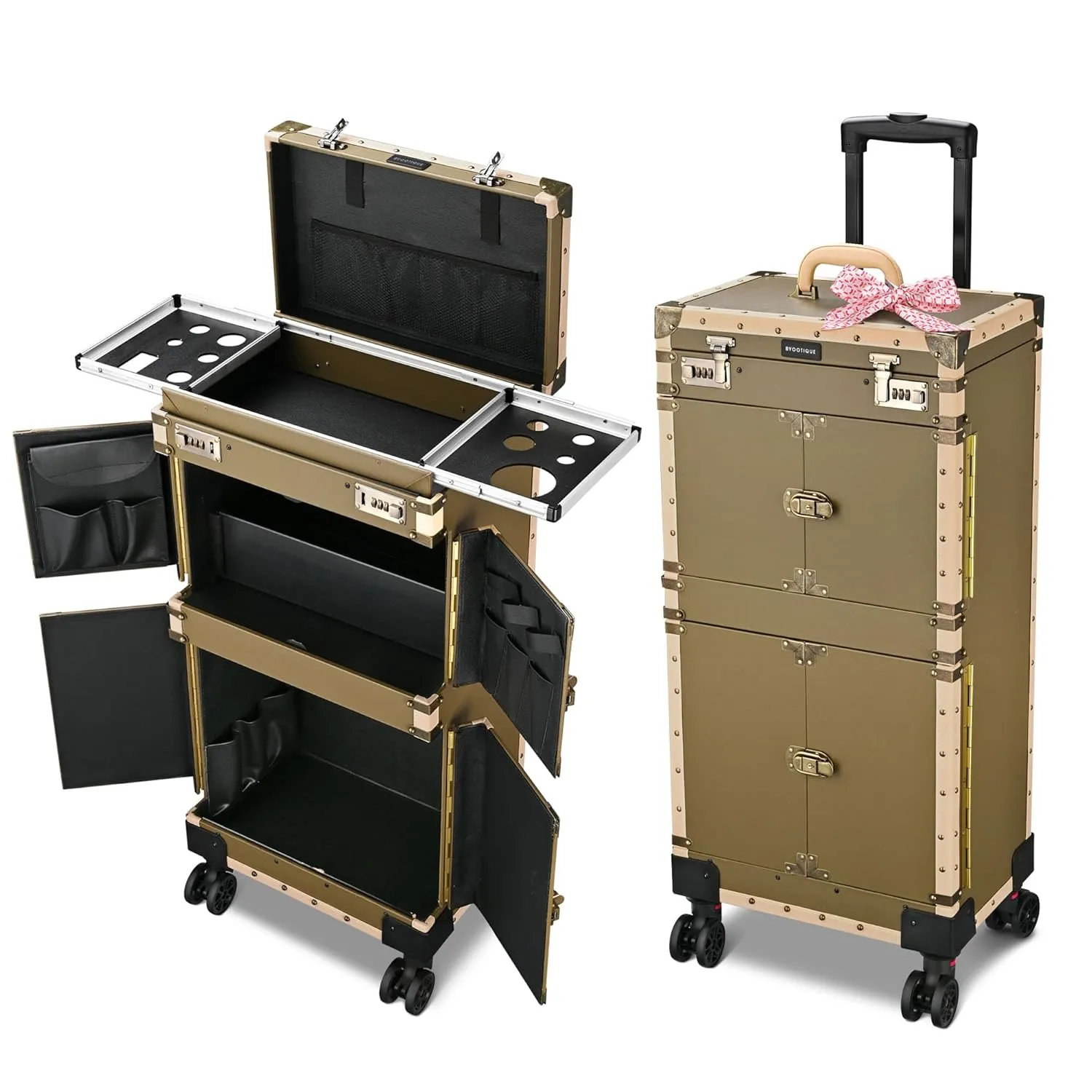 BYOOTIQUE Rolling Makeup Train Case 15" x 11" x 33" Travel Stylist Case Lockable Hairdressing Trolley for Hair Salon Clipper Trimmer Box Barber Station with Hair Dryer Holder 360 Degree Wheel, Bronze