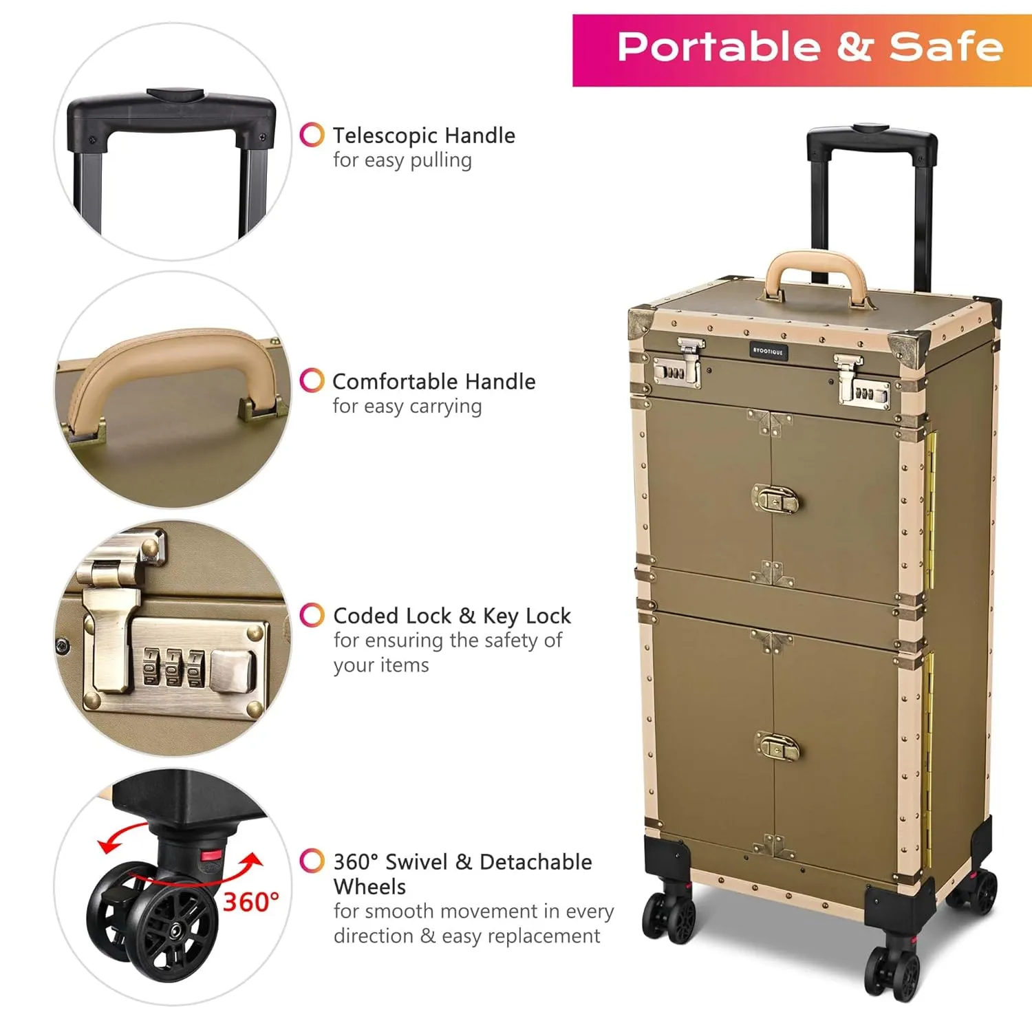 BYOOTIQUE Rolling Makeup Train Case 15" x 11" x 33" Travel Stylist Case Lockable Hairdressing Trolley for Hair Salon Clipper Trimmer Box Barber Station with Hair Dryer Holder 360 Degree Wheel, Bronze